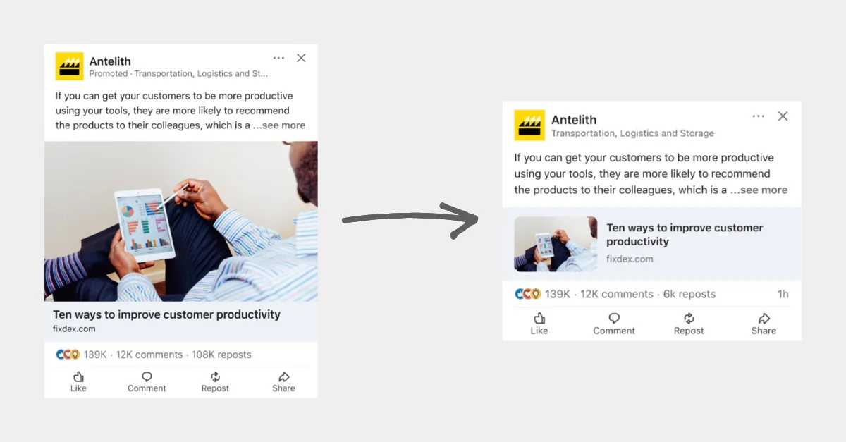 LinkedIn's latest changes Side-by-side comparison of two social media posts showing LinkedIn's latest changes to their organic posts.